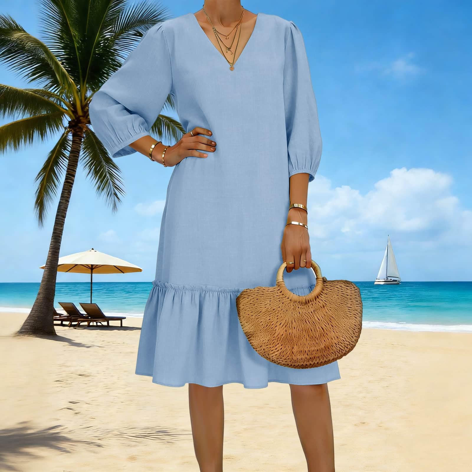 

Women s Flowing Pleated V-Neck 3/4 Sleeve Linen Dress XL небо синє кольору