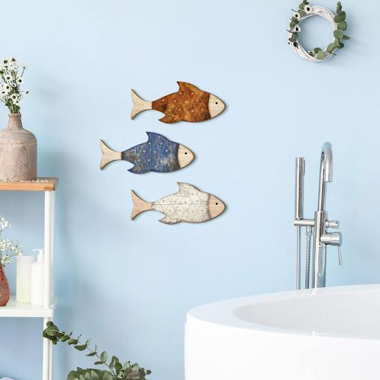3Pcs/Set Wooden Fish Wall Decor Coastal Wall Art Fish Rustic Fish Wall Art Decoration for Bathroom Bedroom Ocean-Themed Room Lake House
