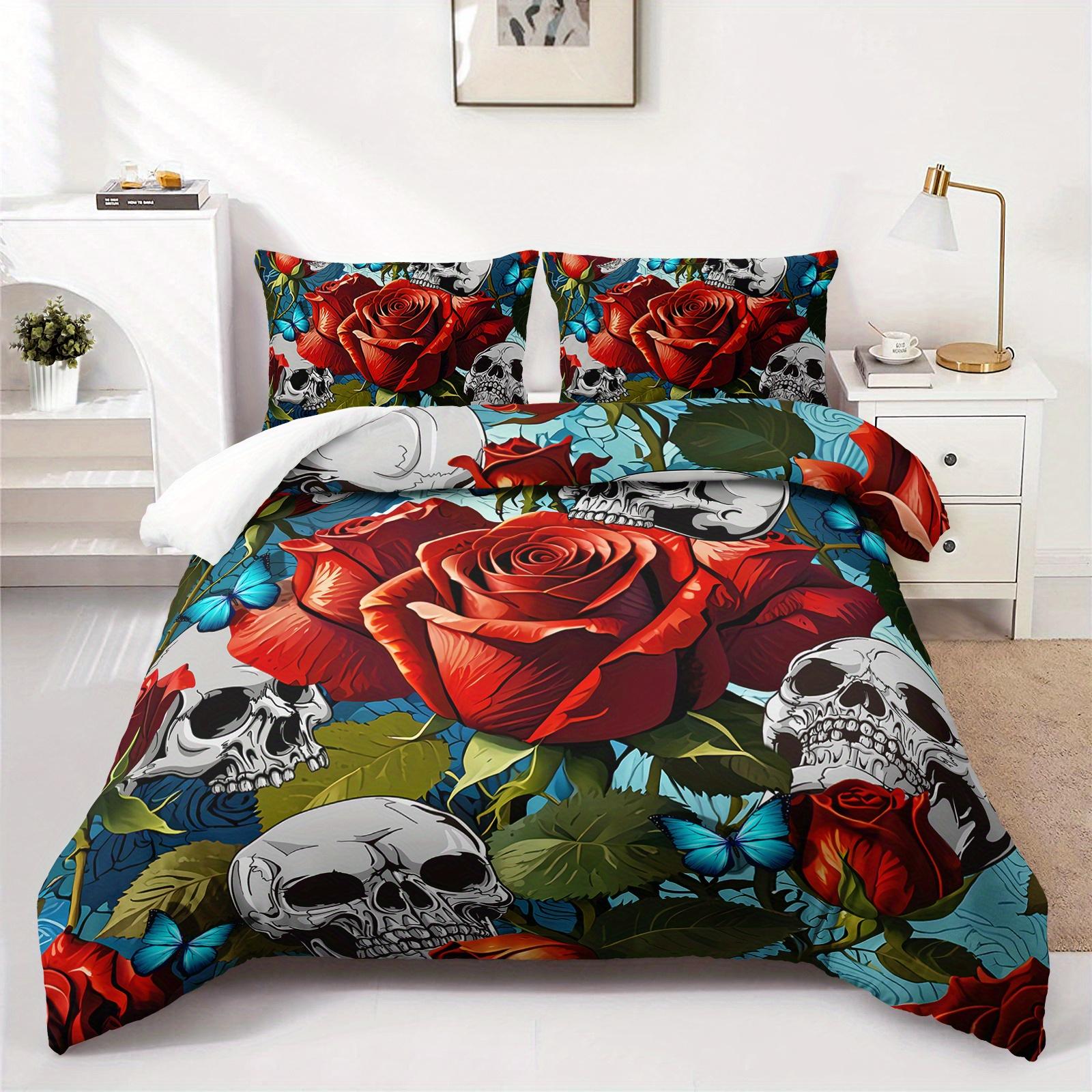 3pcs Gothic Red Roses and Skulls Bedding Duvet Cover Set Skull and Rose Bedding Set Vintage Themed Romantic Roses Bedroom Decor (135x200cm)