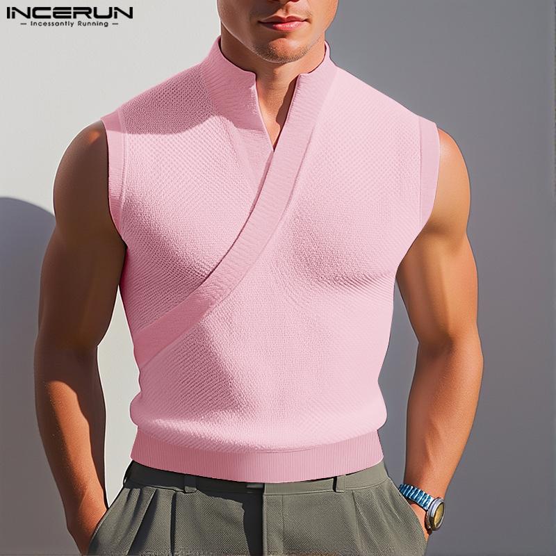 INCERUN Men Stand Neck Sleeveless Solid Casual Loose Tank Tops