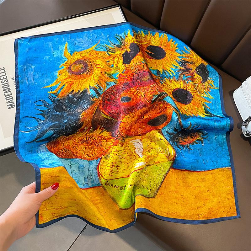 Oil painting style small square towel Van Gogh sunflower retro silk versatile printing square towel sunscreen scarf women 53*53cm