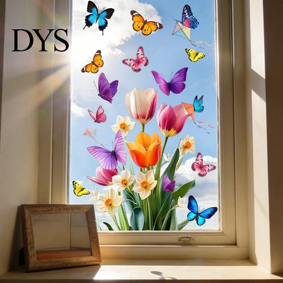Blumenmuster Fensterfolie Sonnenfänger Statische Folie, Schmetterling Selbstklebender Glasaufkleber, Heimdeko Abdeckung Abnehmbar Sichtschutz für Büro