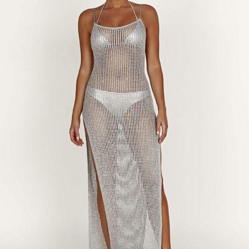 

Elegant Summer Women s Clothing 2024 Personalized European and American Style Sexy Open Back Hollow out See-through Sleeveless Split Dress Silver Gray L