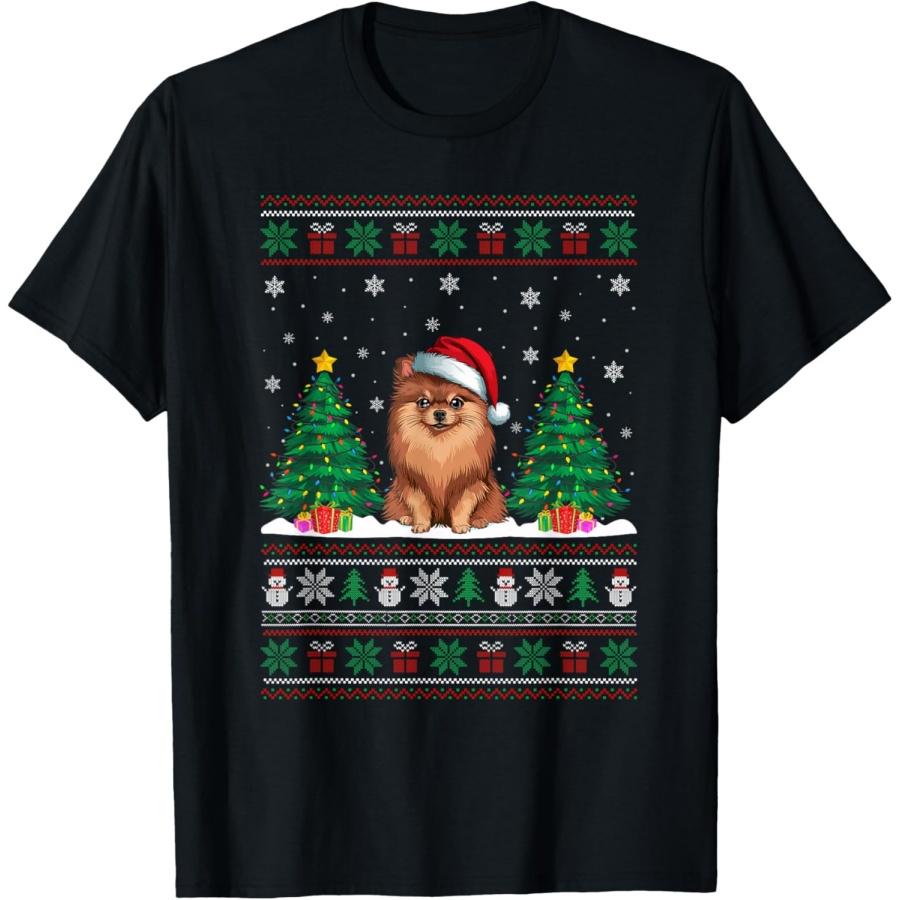 Santa Hat Pomeranian Dog Christmas Tree Lights Ugly Sweater T-Shirt S