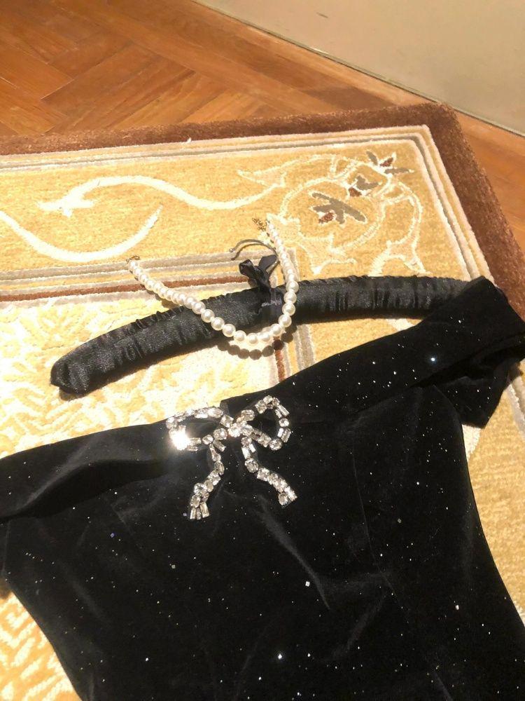 High-End Light Luxury Velvet One-Shoulder Princess Party Dress