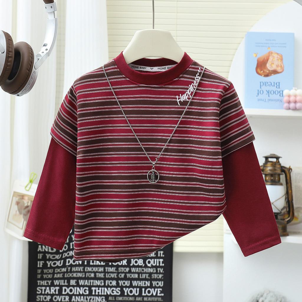 Korean Style Kids Boys Striped Top Cotton Splicing Loose Basic Kids T-Shirt Autumn Soft Breathable Children Clothes