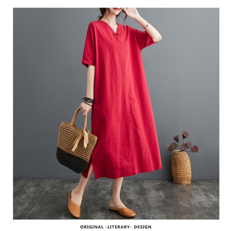 Summer New Cotton and Linen Artistic Retro Pullover Buckle Dress A-line Long Skirt