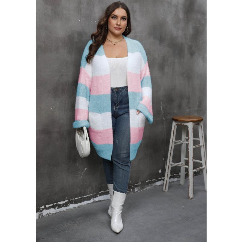 Women S Plus Size Striped V Neck Long Sleeve Knit Cardigan Coat
