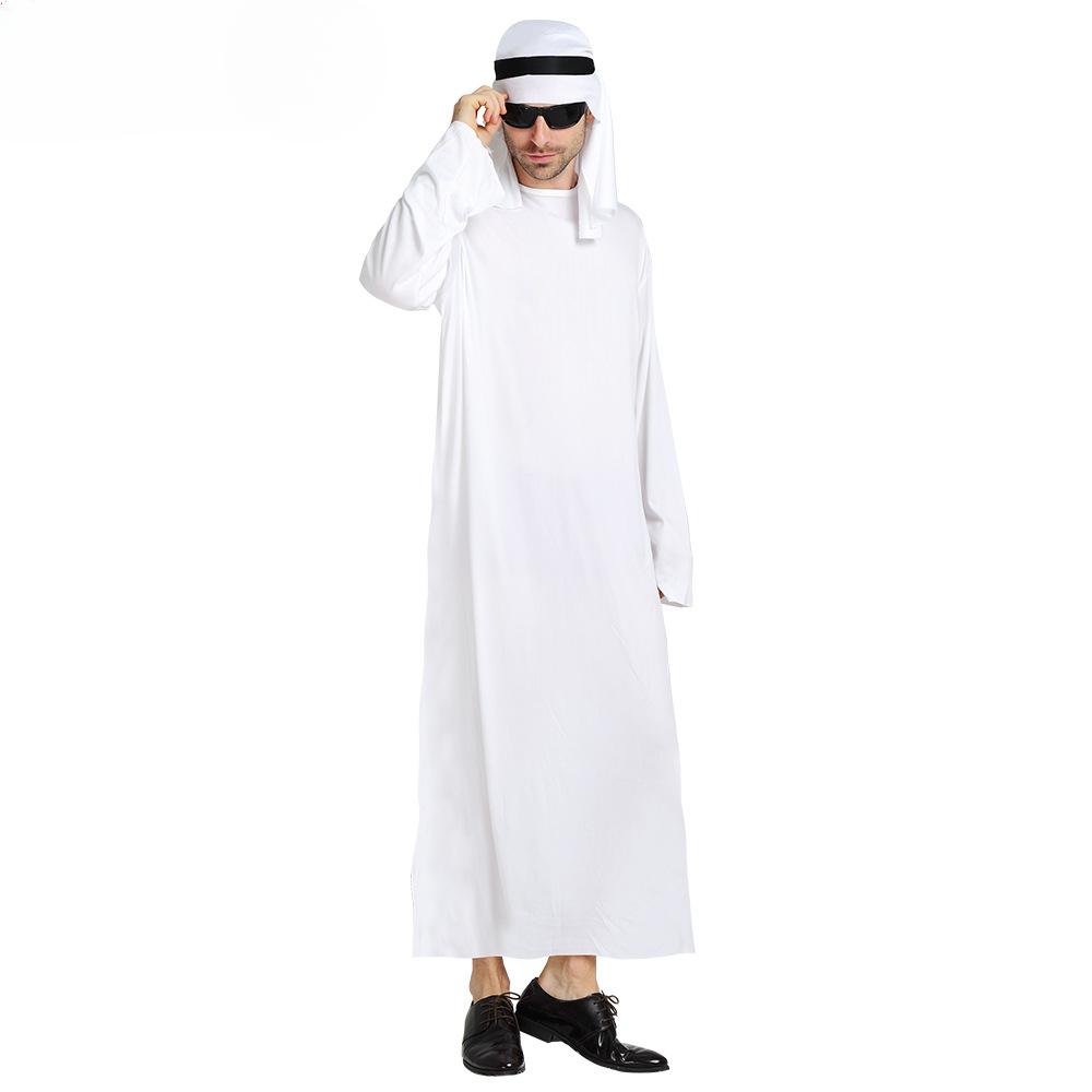 Halloween Carnival Cosplay Arab Sheikh Prince Masquerade Ball Men Pure White Middle East Dubai Robe Send Turban