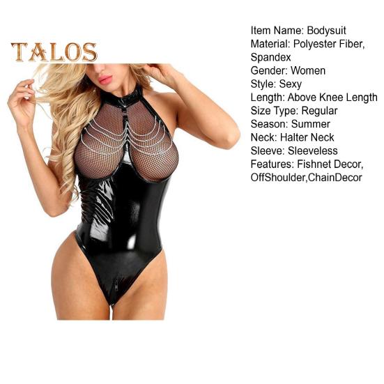 Women Honeymoon Bodysuit Fishnet Faux Leather Patchwork Off Shoulder Bodycon Chain Decor Open Crotch Playsuit Nightclub Hotel Wedding Night Sex