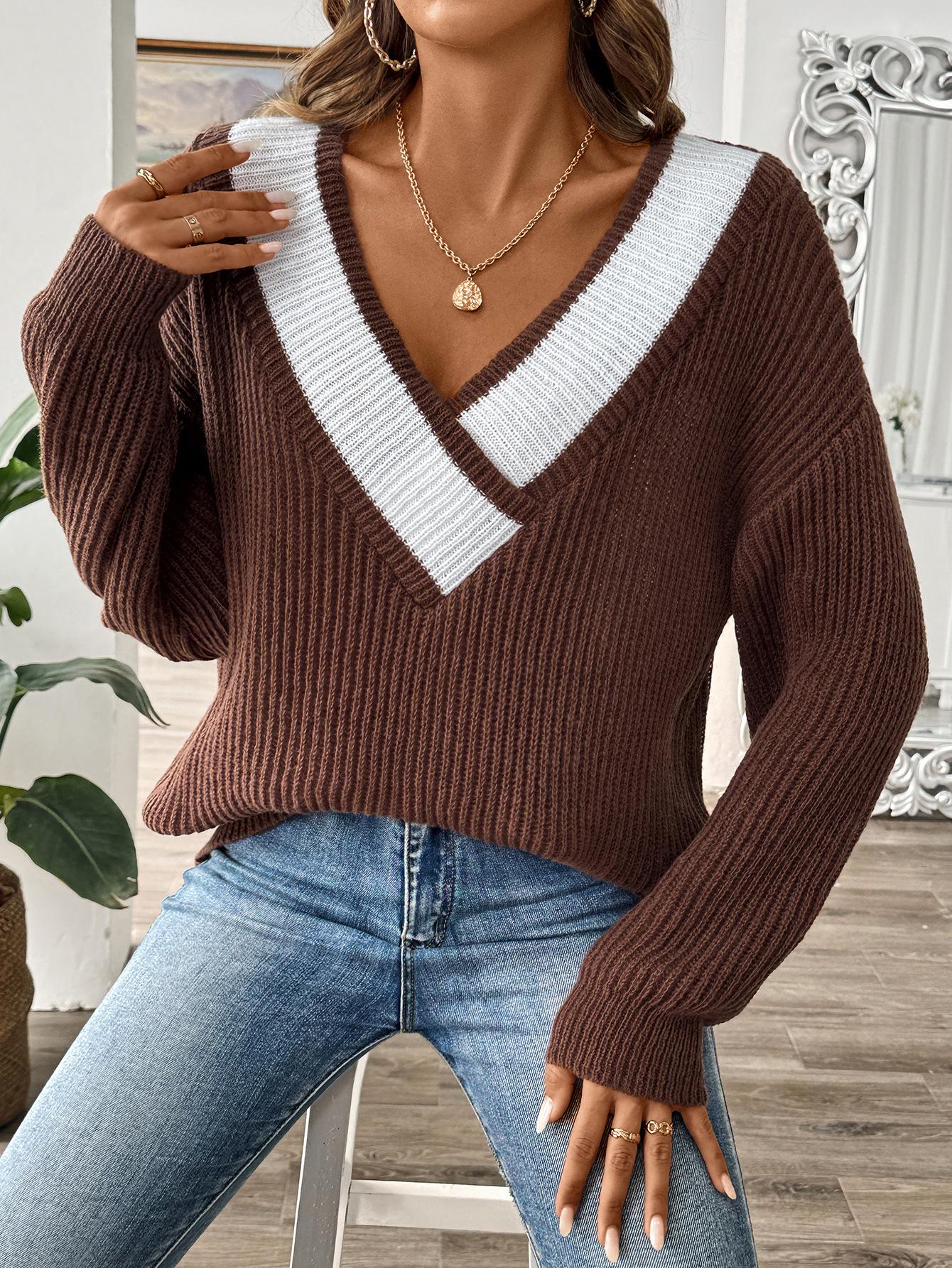 

Autumn/Winter Women s Color Block Deep V-Neck Loose Knit Sweater Pullover - European & American Style Medium кавовий
