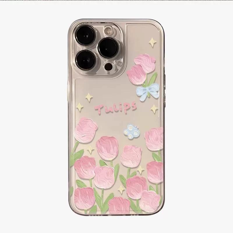 

Cute Pink Tulip Print Clear Phone Case, Floral Shockproof Transparent Protective Cover for iPhone iPhone 13 PRO MAX разноцветный