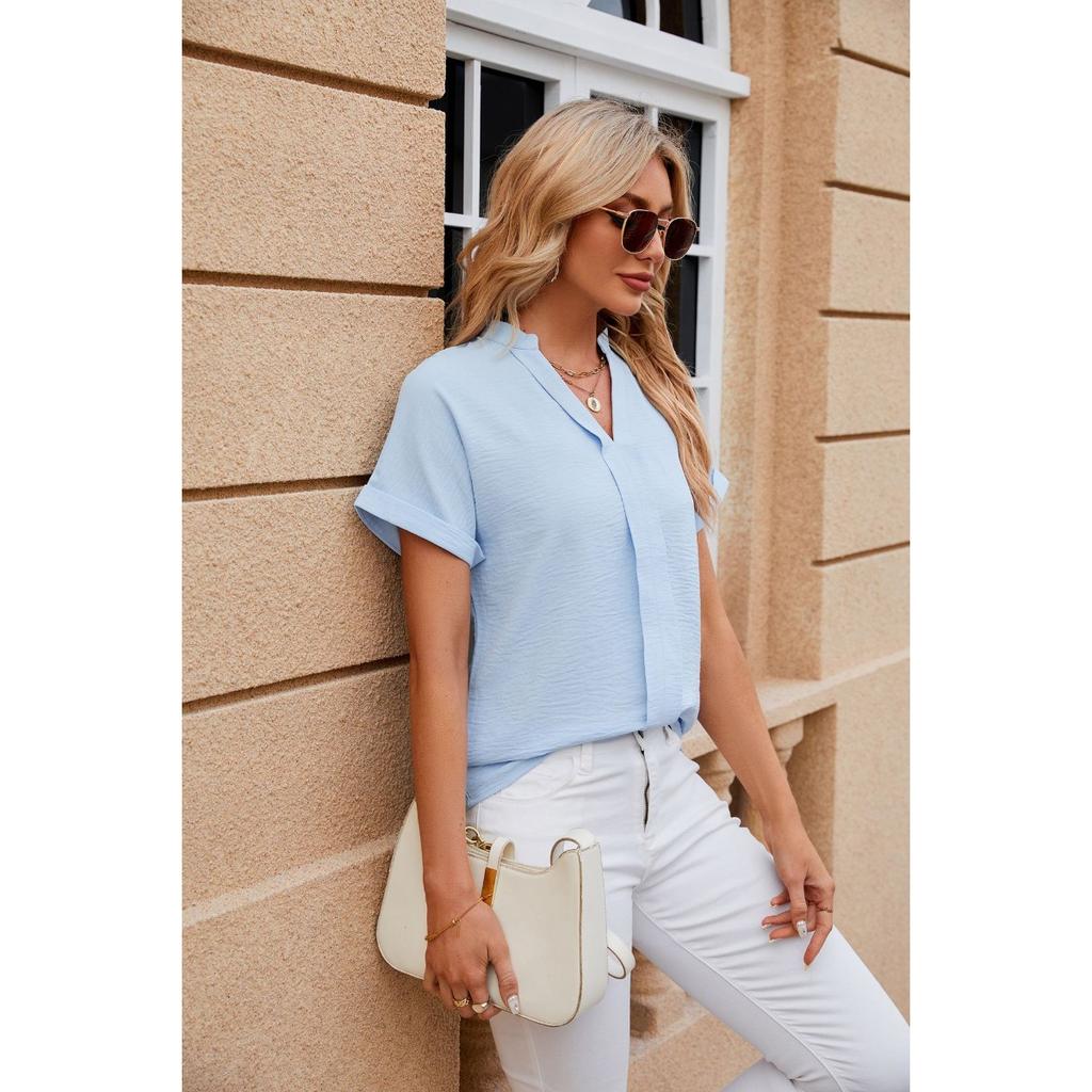 Spring Summer New Solid Color V-neck Short Sleeve Loose Casual Chiffon Blouse For Cross-border Women