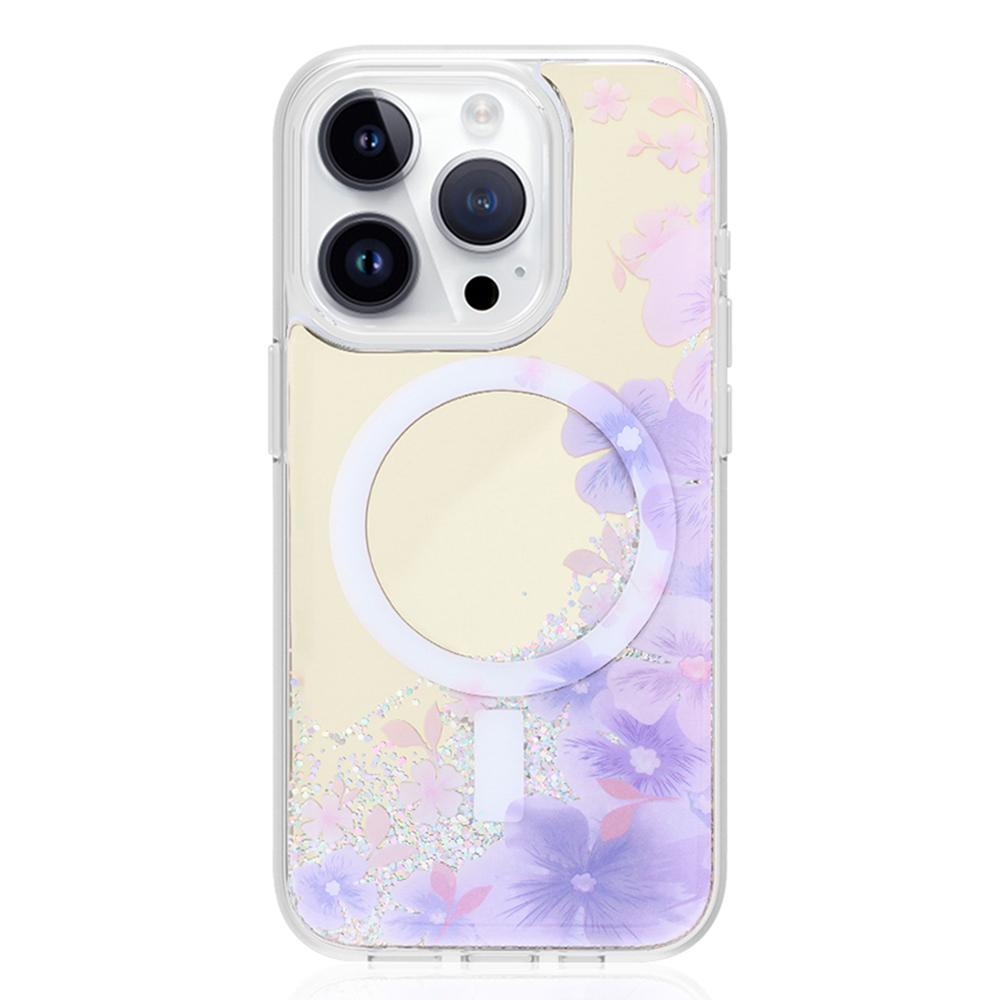 

JAUCASE For iPhone 14 Pro Max Case Mirror Surface PC+TPU Phone Cover Compatible with MagSafe Purple Flower
