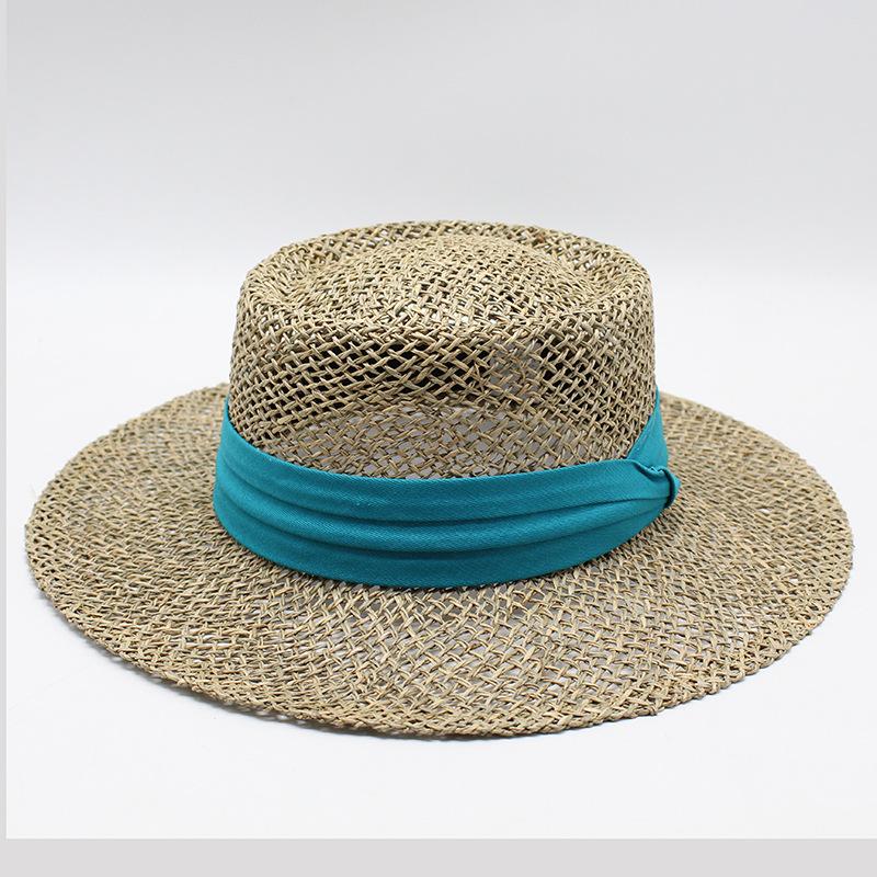Big Eaves Hat Children Summer Travel Beach Hat Seaside British Flat Top Salty Grass Hollow Sunshade Sun Protection Straw Hat