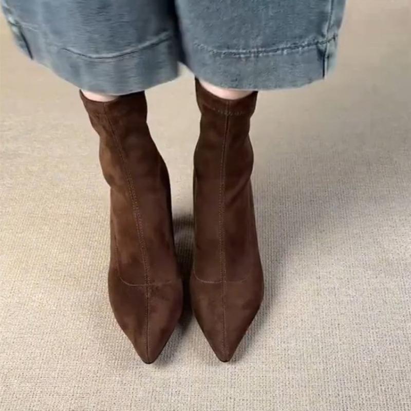 Simple and gentle pointed thin boots women's new fashion suede rear zipper high-heeled short boots
