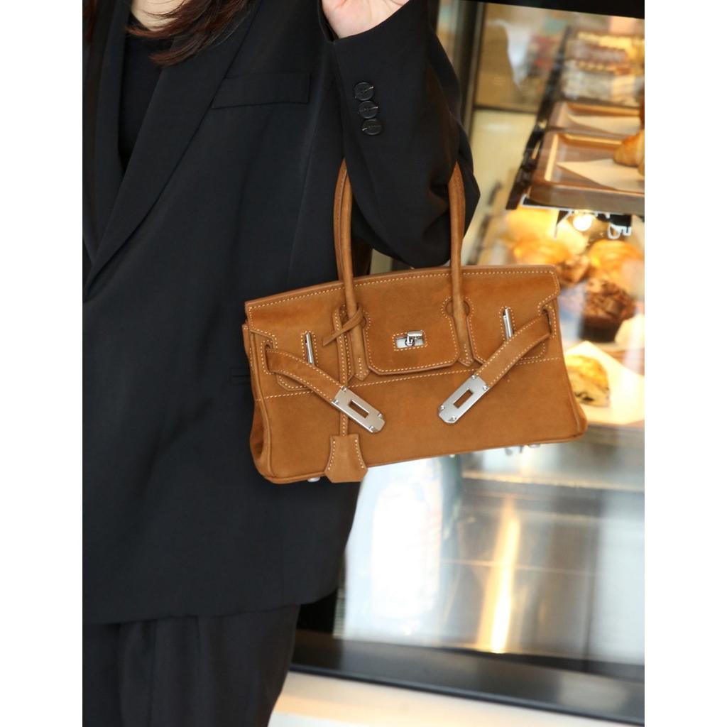 30Cm horizontal low version velvet platinum bag, first layer matte cowhide underarm bag (H01BK)