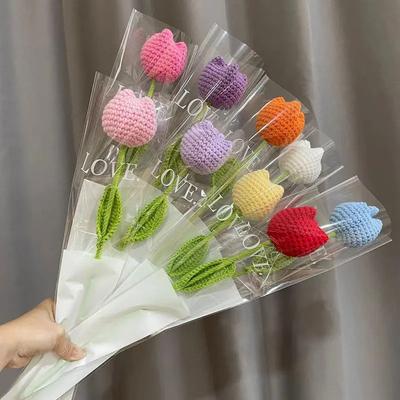 Knitting Flower Tulips Single Bouquet Simulation Flower Home Decoration Wedding Hand-Knitted Crochet Fake Floral