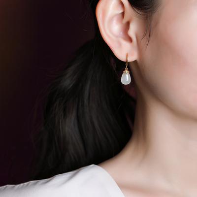 Boucles d'oreilles en argent Sterling S925 plaqué or, Jade Hotan saphir, élégantes, goutte d'eau, polyvalentes, blanches