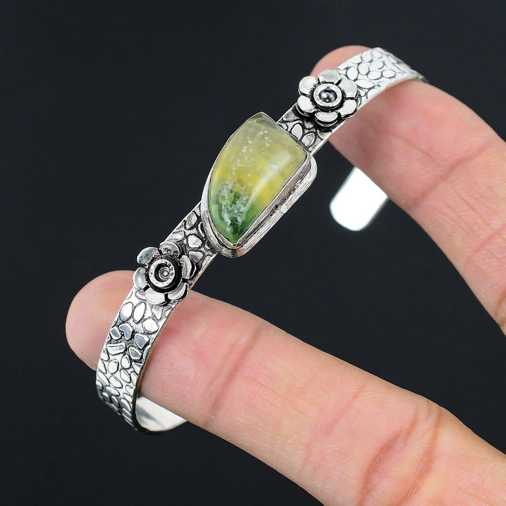 Mothers day Sale Multi Fluorite Stone Boho Flower Bangle Jewelry Sterling Silver