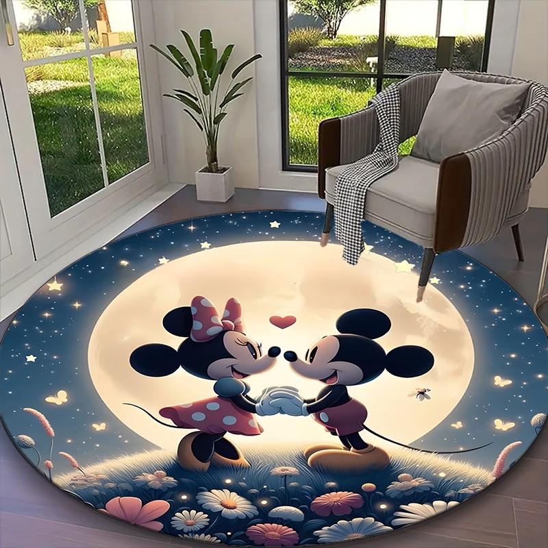 1pc Mickey And Minnie Moonlight Floral Yellow Rug, Comfortable Printed Home Round Carpet, Cozy Office Chair Rug