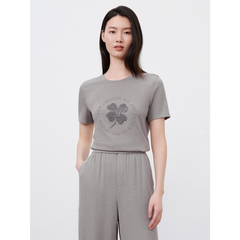 JZ Jiuzi Simple Multi-Color Bead Glutinous Rice T-Shirt Top