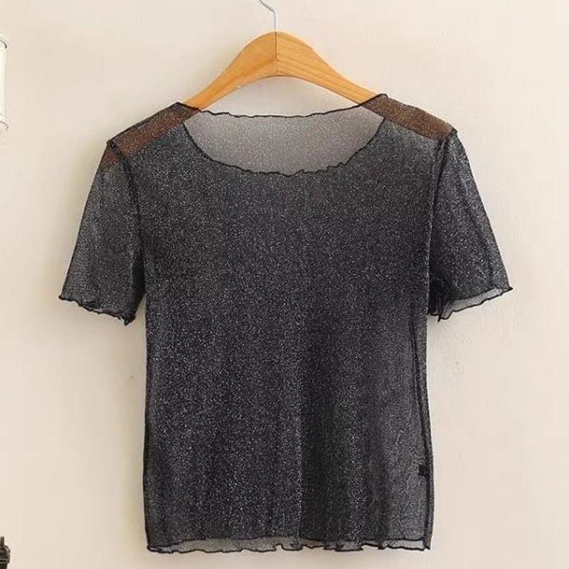 

Thin Short Sheer Mesh T-shirt Summer New Fashion Wave Edge Elastic Bottoming Shirt Short Sleeve Bright Silk Women s Cover Black S