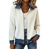 Women Multi-color Striped Chenille Zip Up Jacket Contrast Denim Collar Long Sleeve Casual Loose Sweater Cardigan