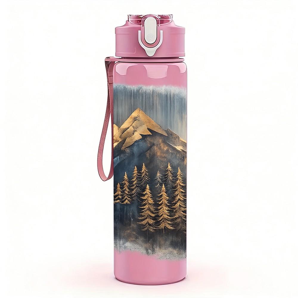 1PC Misty Mountain Forest Landscape 750ml Color Plastic Sports Water Bottle Leakproof Flip Straw Lid Suitable for Sports Office Home Use
