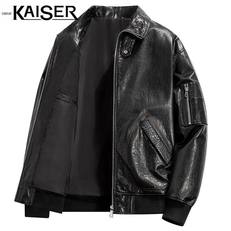 KAISER Men's Genuine Leather Lapel Motorcycle Jacket