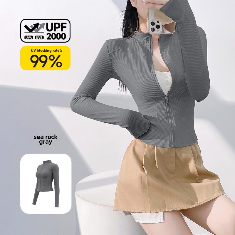 Juyitang Women's Slim-Fit Striped Yoga Jacket – Long Sleeve, Elastic, Ribbed, and Lightweight