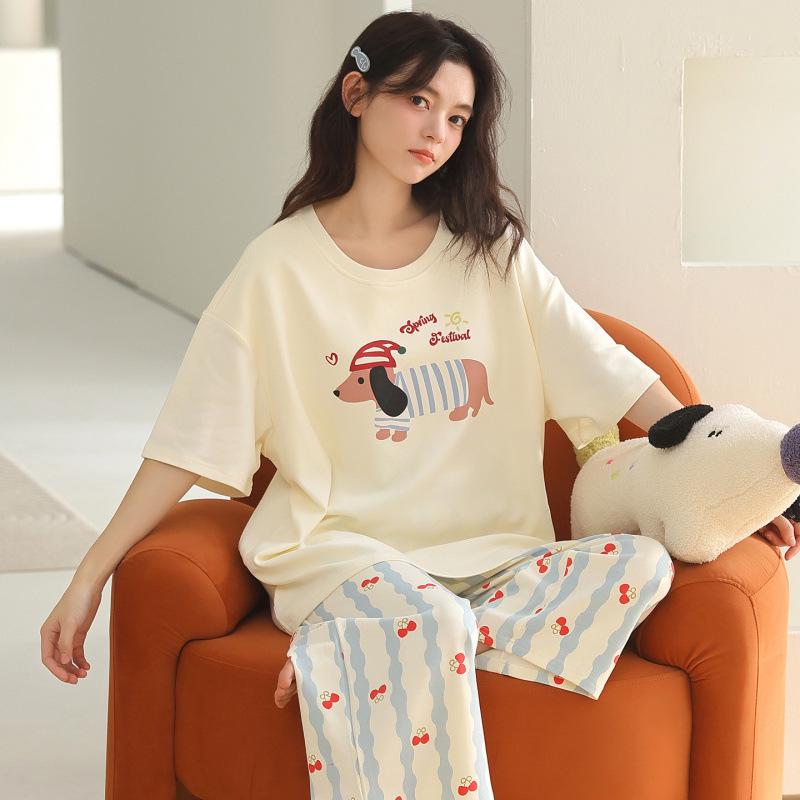 Women's Cartoon Cotton Pajama Set: Short Sleeve & Seven-Point Pants, Outdoor Wearable, Cute Summer Style