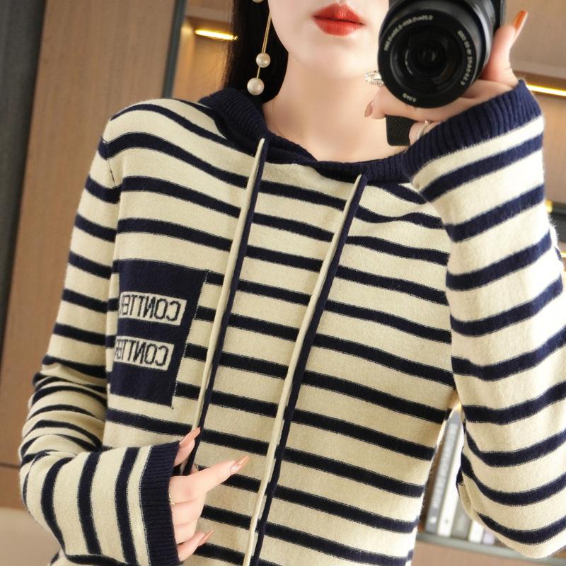 Hooded Striped Knitted Sweater Women's Autumn and Winter New Loose Casual Color Matching Sweater Wearing Striped Sweater