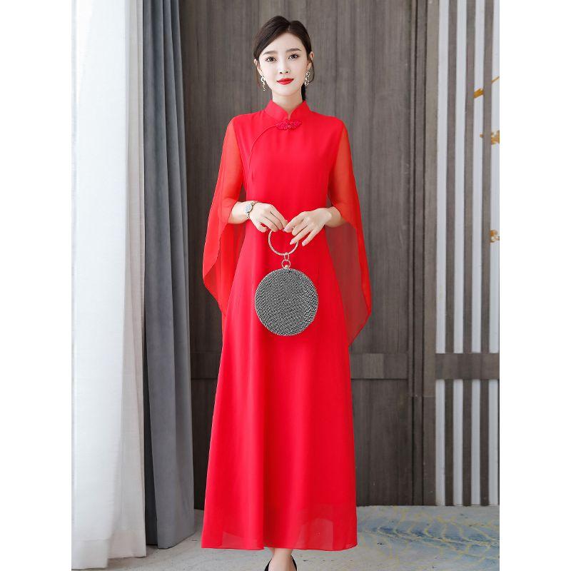 Chinese Style Plus Size Women's Modified Chinese Red Shawl Dress Chorus Host Dance Skirt Evening Dress M-5XL