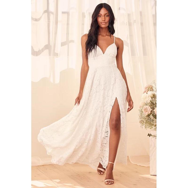 

Foreign Trade Lujia Heavy Industry Lace Sling Sexy V-neck Slim fit Slimming Light Wedding Dress Split Island Trip Shoot Dress White M