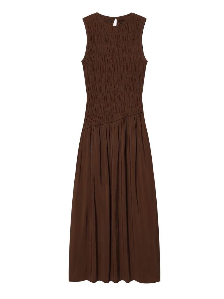 2026 Hot-Selling Retro Coffee Pleated Sleeveless Women's Long Dress with Waist-Cinched Big Hem