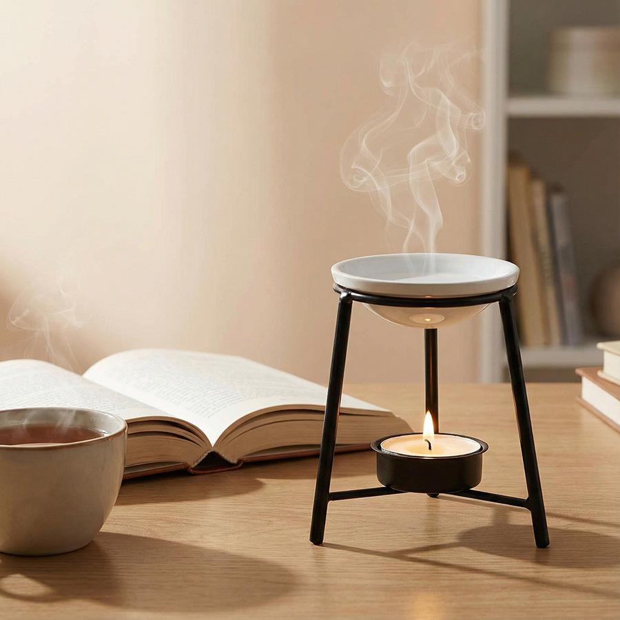 Tripod Wrought Iron Disc Fragrance Stove, Heated Essential Oil Stove Household Black Aromatherapy Stove Candlestick