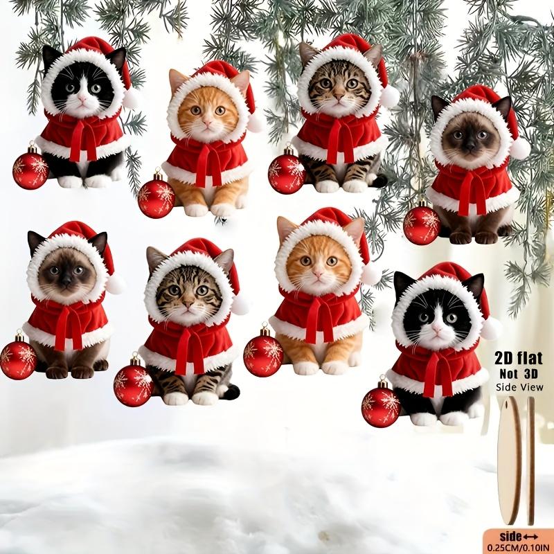 8Pcs Cute Cat Christmas Outfit Wooden Hanging Pendants Holiday Ornaments Xmas Tree Home Garden Party Decor Festival Gift Supplie