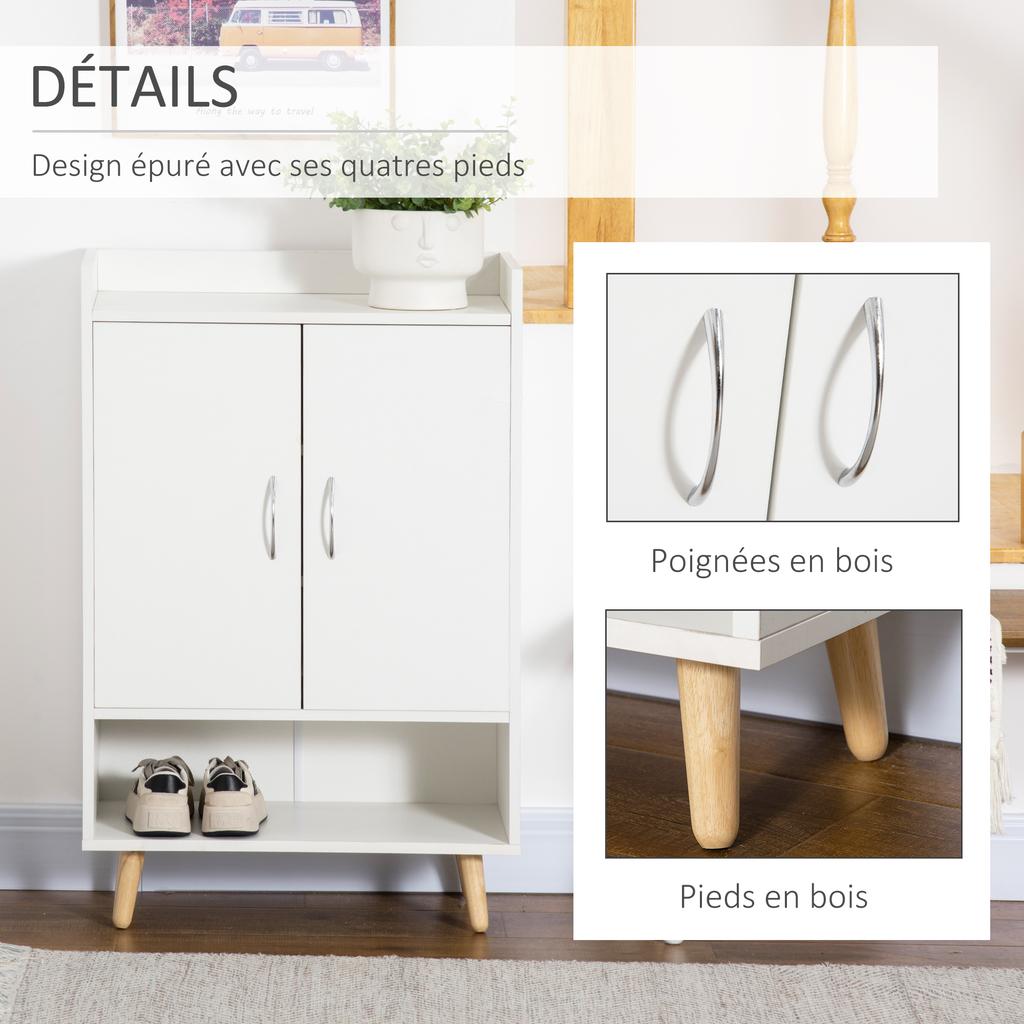 Scandinavian Shoe Cabinet 2 Door 4 Shelf Tapered Legs Solid Wood Particle Board White