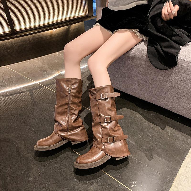 Retro western cowboy boots women's 2025 autumn and winter new Internet celebrity belt buckle trouser tube side zipper black knight boots