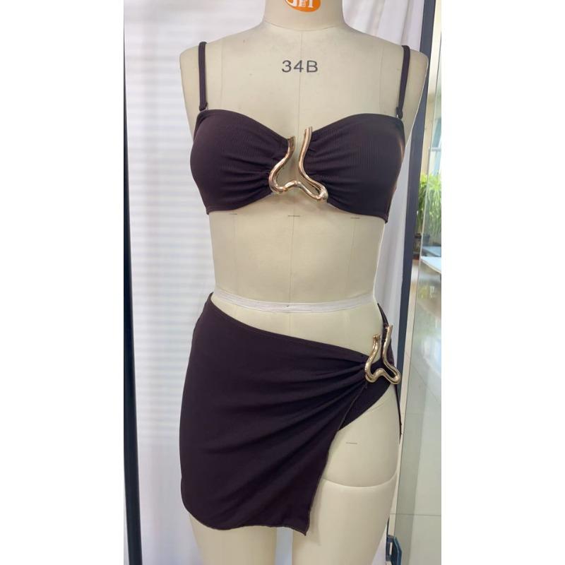 New women's sexy fashionable simple solid color irregular gold decorated three-piece bikini set