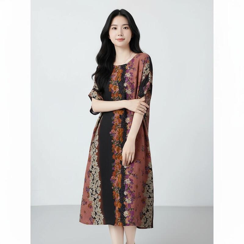 Aiyilian Women s Retro Print Loose Summer Vacation Dress M