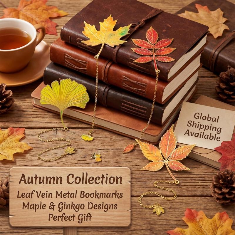 Fall Leaves Metal Bookmarks with Chain Pendant Novel Fiction Page Marker Page Divider for Book Lover Teacher Adult