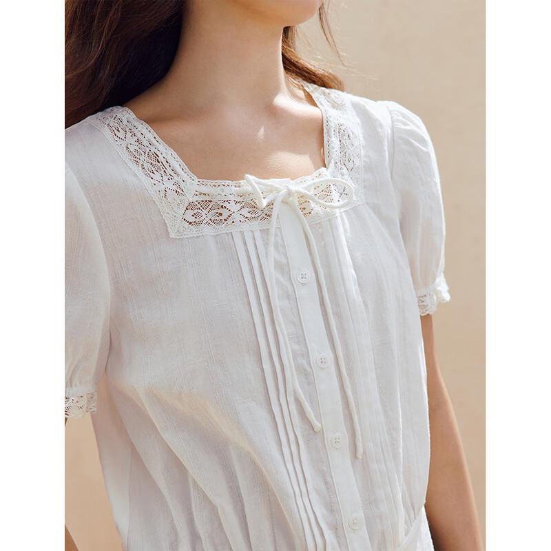 INMAN French Lace Tie-Neck Square Collar Cotton Shirt