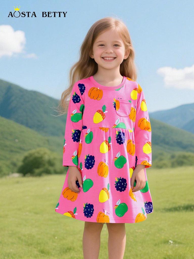 Autumn European Style Girls' Long-Sleeved Cartoon Print Princess Dress - Knitted Cotton, Round Neck