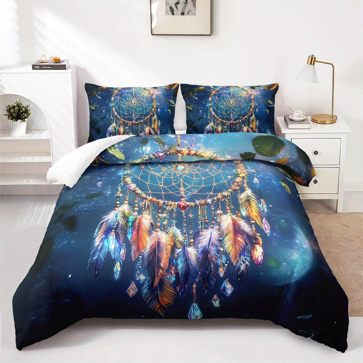 3pcs Bohemian Dream Catcher Bedding Duvet Cover Set Dreamcatcher Bedding Quilt Set Bohemian Themed Bed Set Colorful Feather (135x200cm)