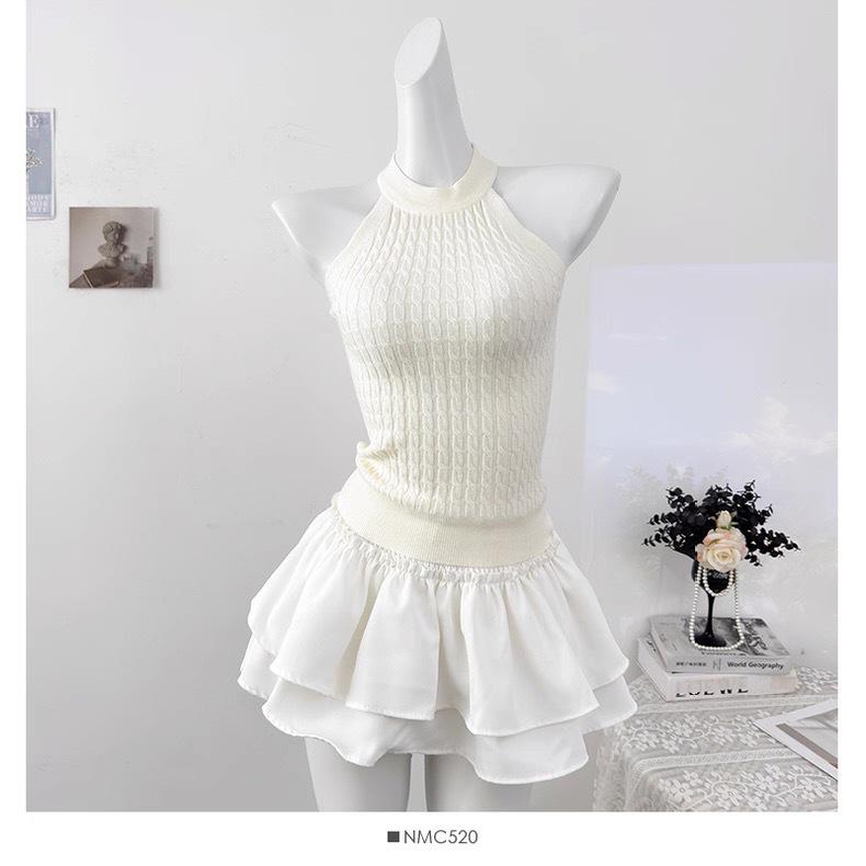 Spicy Girl Pure Desire Halter Neck Off-the-Shoulder Knit Vest - Slimming Cable Knit Summer Top for Women One Size (35-55kg)
