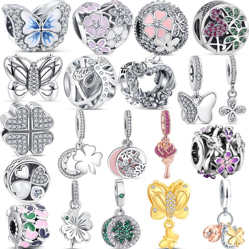 

925 Серебряная Роза Цветок Бабочка Четырехлистный Клевер Прозрачный Циркон Изысканные бусины Подходят Оригинальный Браслет Шарм Женские Украшения