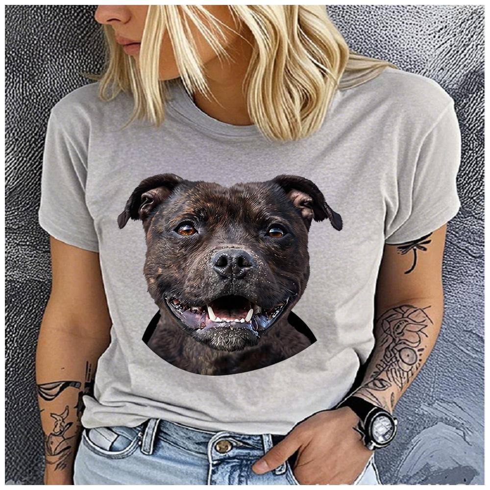 Cotton Cute Brindle Staffordshire Bull Terrier Portrait Tshirt Women Staffy Dog Lover Casual Summer Short Sleeve Graphic T