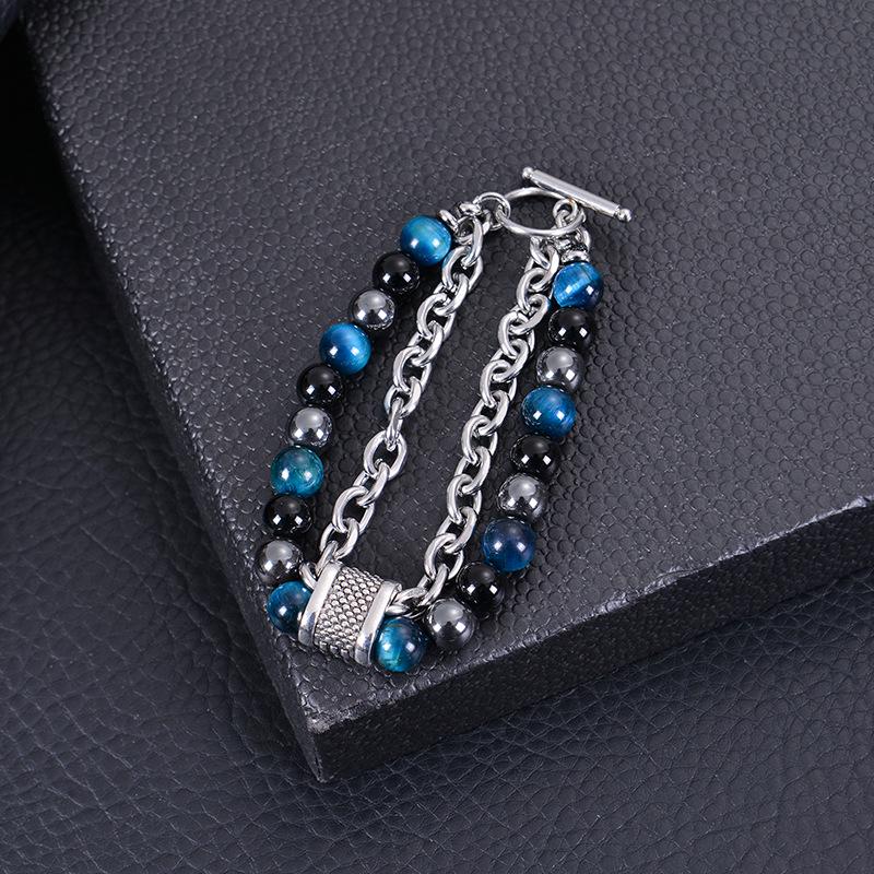 2025 Men's Double Layer Tiger Eye & Black Magnetic Stone Stainless Steel Bracelet with OT Buckle